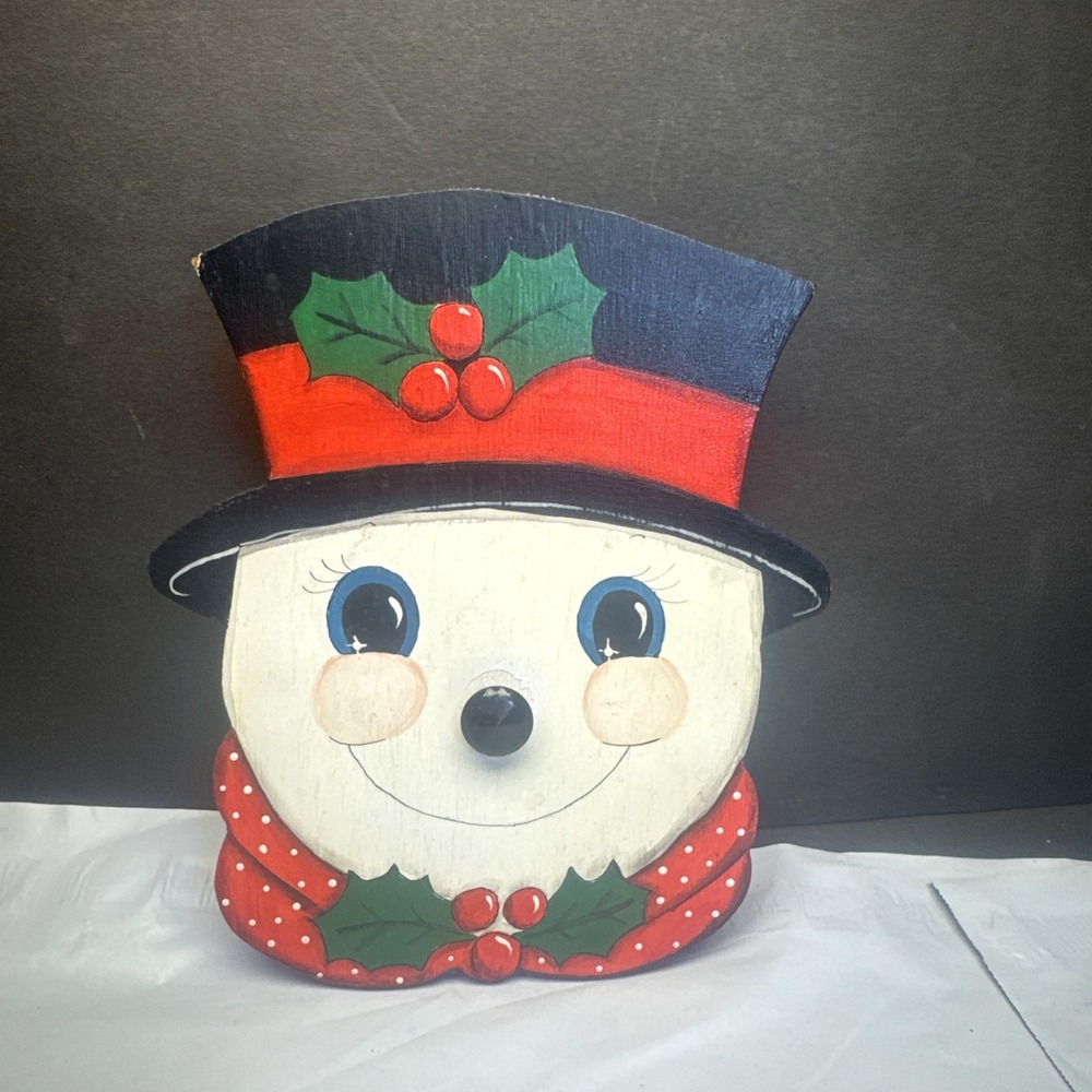 Cute Wooden Handpainted Snowman Wall Decor w/attached Red Nose